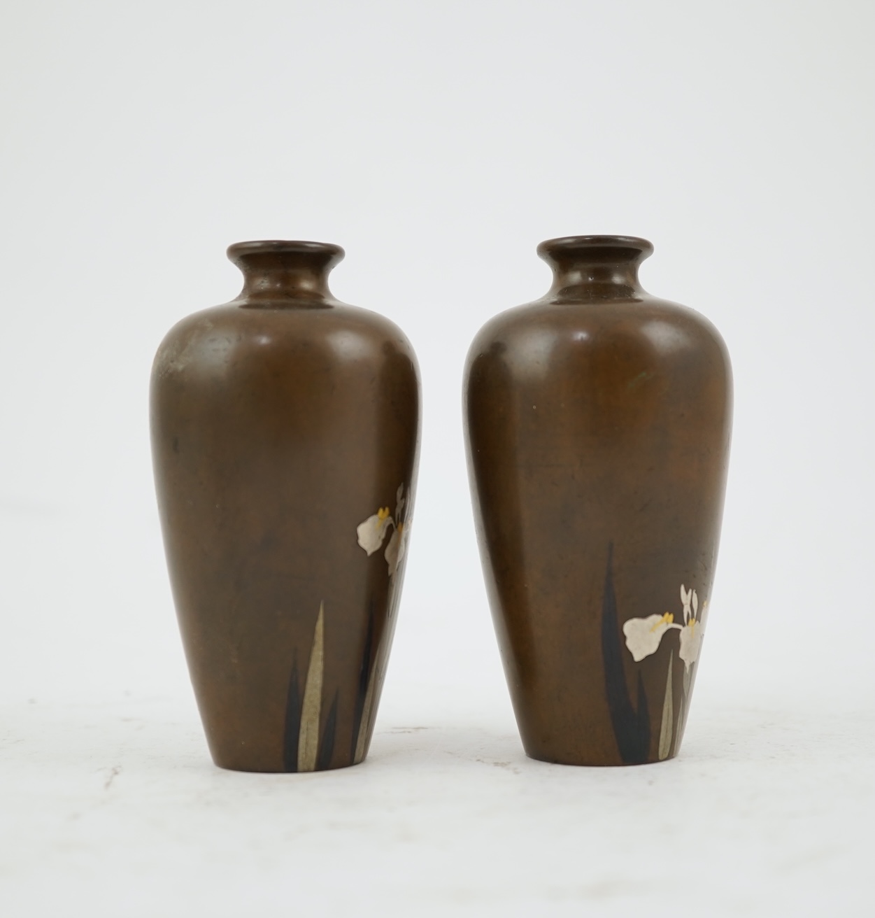 A pair of Japanese bronze and mixed metal miniature vases, by Noboru Nogawa, Meiji period